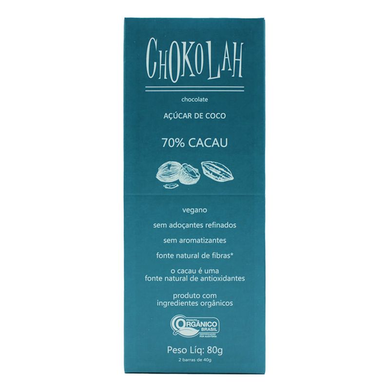 Chocolate Orgânico Com Açúcar de Coco 70% Cacau Chokolah 80g